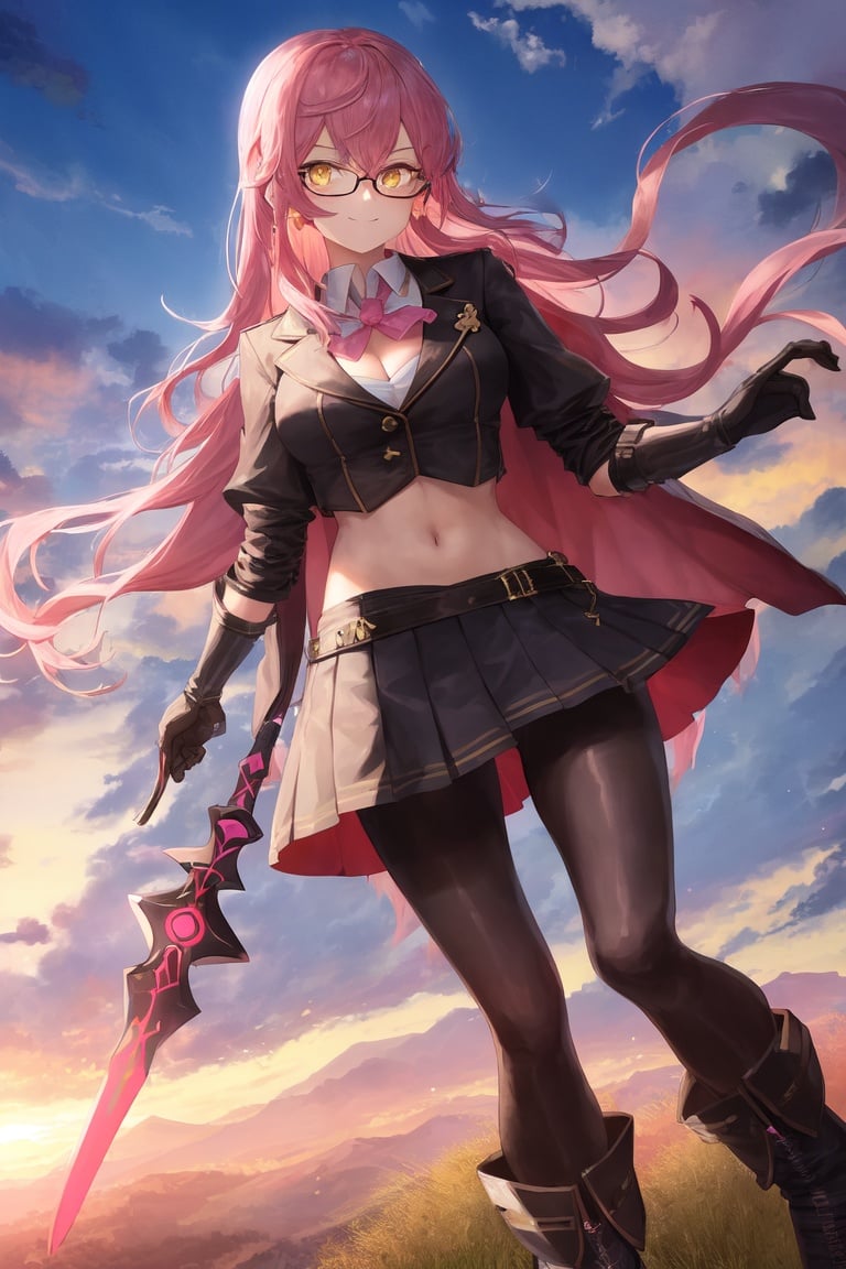 Image of absurdres, medb (fate), long hair, pink hair, yellow eyes, gles, medium breasts, cleavage, jacket, crop top overhang, pleated skirt, pantyhose, boots, earrings, gloves, outdoors, meadow, sunset, looking at viewer, from below, smug, full body