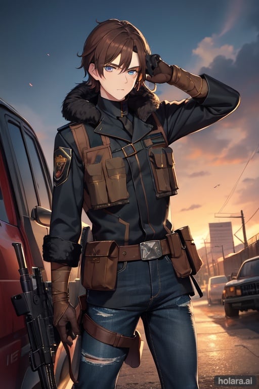 Image of Very Tall boy, Brown hair, Blue eyes, cute faced, Black Ushanka, Black jacket, Ammunition vest, bandaged arm, leather gloves, wasteland scenery, blue jeans, black military kneepads