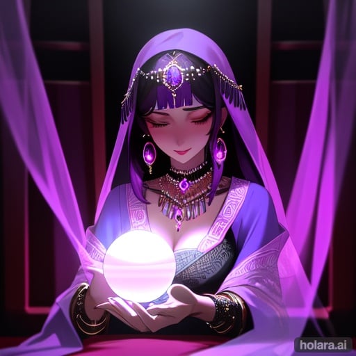 Image of 1woman, soothsayer+, gypsy clothes, tribal attire, crystal ball+, indoors, soft purple lighting