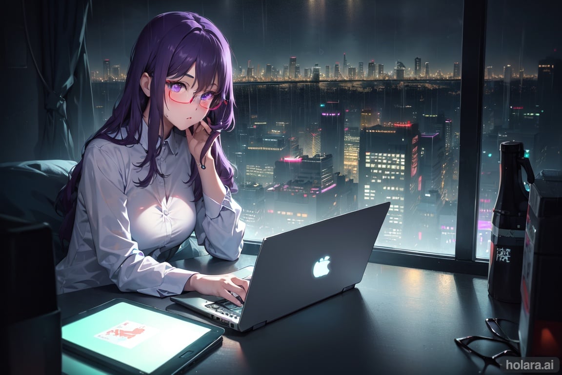 Image of 1girl, computer, laptop++, (neon lights)+++, rain+, cityscape++++, purple eyes, (purple hair)+, wariza, gles++, typing, computer+, tokyo by night, coffee, long hair, laying-, pyjama, programming++, skirt, wallpaper++,  unbuttoned,  hacking+,