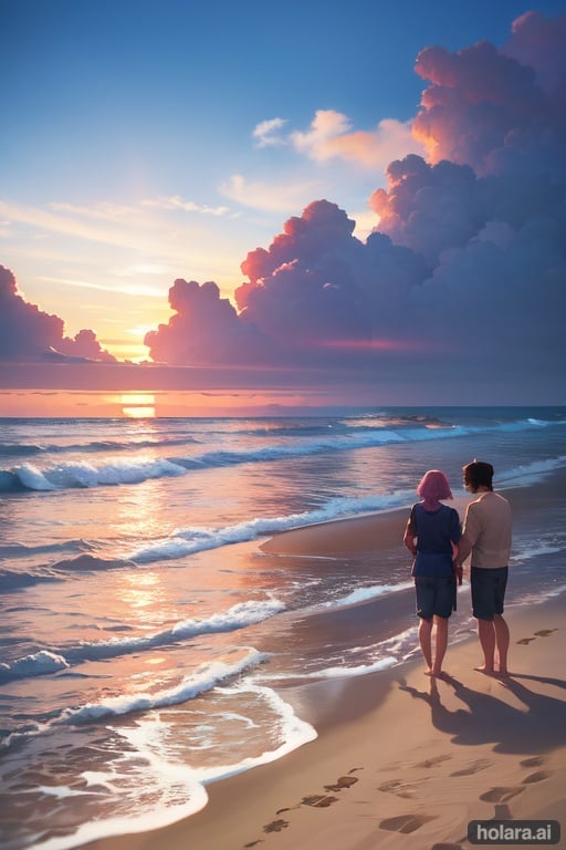 Image of Prompt: "A tranquil beach scene at sunset with a mid-age couple watching the setting sun."
Keywords: Evening, DSLR camera, Wide-angle lens, Soft color grading.