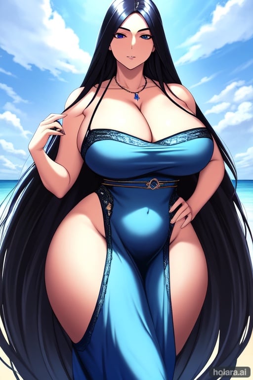Image of thicc, Milf aura, curvy, Huge breasts+++, Beautiful, Long hair+++, Oil skin, Ultra Detailed, Absurdress, Blue Dress, Cleavage++, Straight hair+++, Perfect shaped body and limbs, Perfect breasts, Without deformities, Blue Eyes, perfect and visible hands, Bare shoulders, Milf++, wide Hips++, Masive Breasts+++, Bend over, Front View, Necklace of a Ruby