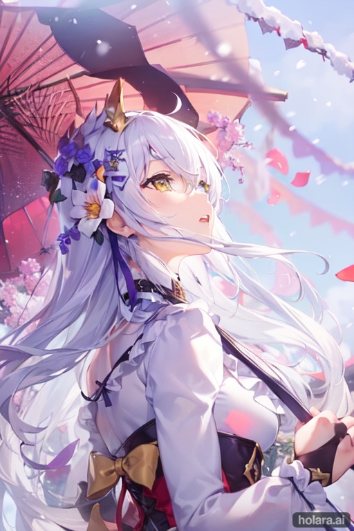 Image of 1girl, solo, fighting stance, from behind, garden, snowing, amber eyes, lace trim, frills, gloves, neck ribbon, hair ornament, very long hair, long hair, white hair, ahoge, boots, beautiful gown, long sleeves, hair between eyes, flower, hair ribbon, high quality, thighhighs, dress, ribbon, Medium breasts