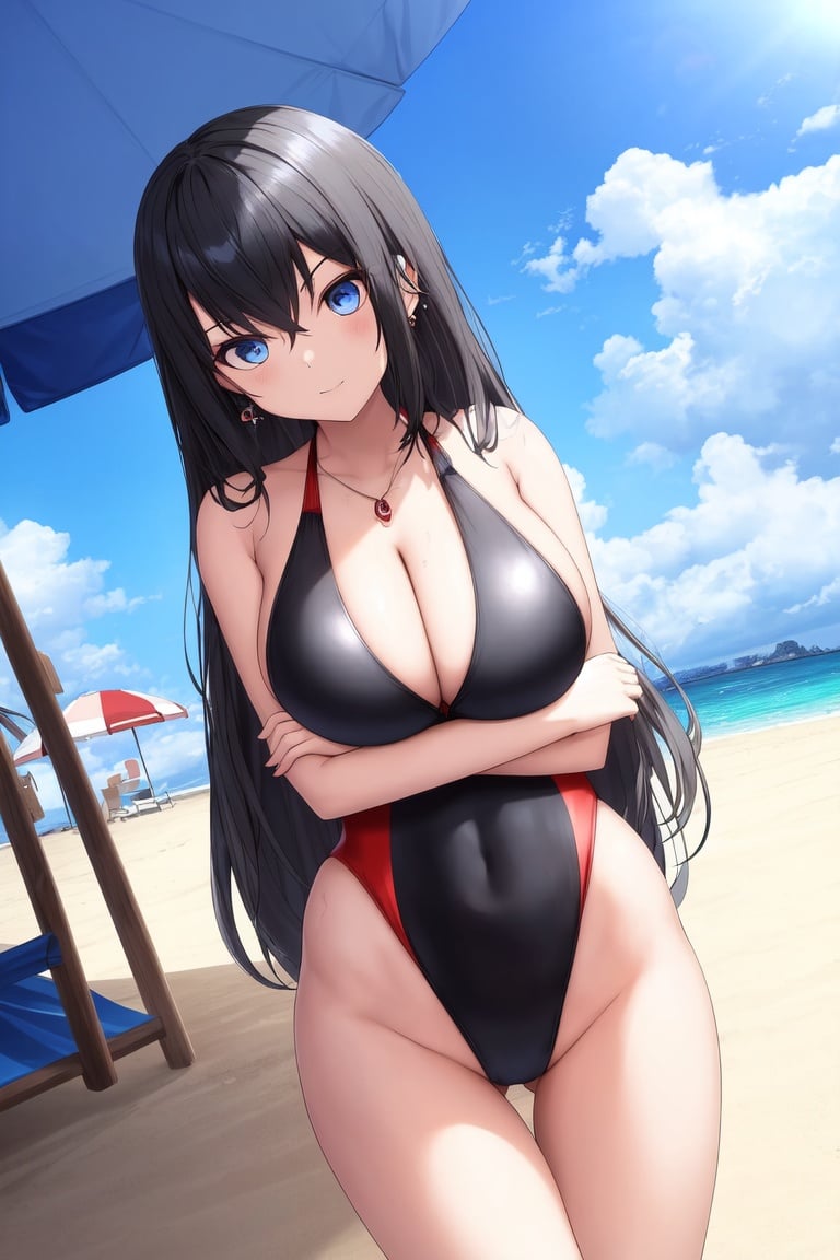 Image of absurdres, 1girl, long hair, black hair, blue eyes, huge breasts, cleavage, one-piece swimsuit, red swimsuit++, barefoot, earrings, outdoors, beach chair, beach, sunrise, looking at viewer, dutch angle, happy, crossed arms+