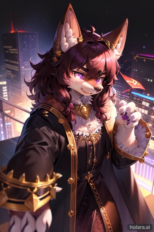 Image of 1 man, solo, (intricate detail)-, black hair, purple eyes, angry, hair ribbon, curly hair, fox ears, robe, boots, hair ornament, (lace trim)+++, collar, cityscape