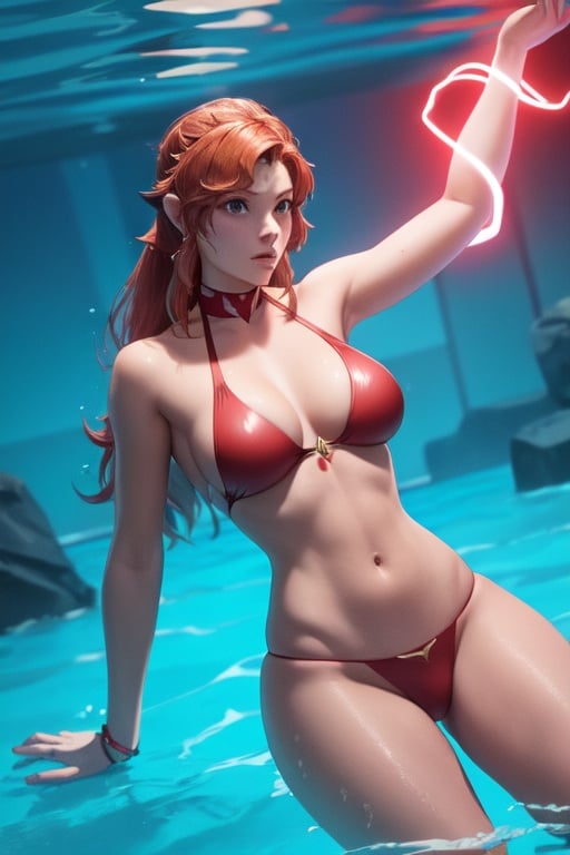 Image of Ganon as a female, swimming, skimpy, red glowing lightning