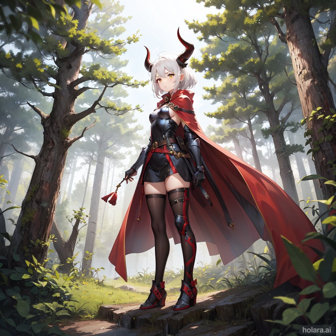 Image of 1girl, solo, black horns, white hair, yellow eyes, red cape, forest, standing on a cliff, knight armor,