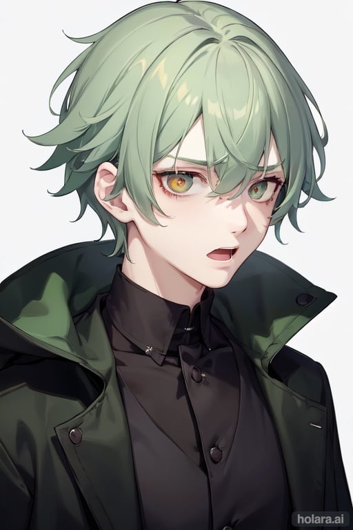 Image of 1boy, (green uncombed hair)+, pale skin, (green mold on face)+, ruined clothes, open mouth, black eyes, (black around eyes)+, red shirt, grey coat, portrait, high quality, dark background