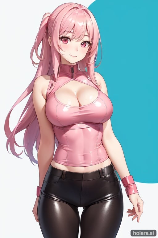 Image of Beautiful cute light skinned anime girl,body was rather basic in both curves and simple beauty her skin is fair and rather pale,Hair deep, rich pink which matched her eyes perfectly, clothed in leather like jacket and matching pants, a snug tight pink tank top that showed off a good deal of cleavage, fairer skin,detailed female anatomical features,ultra detailed clothing features,sensually and enthusiastically looking at the camera with cute but shy smile,must show all the face, satisfaction,ultra,best quality,high resolution,maximum resolution,sharp focus,editorial,aesthetic scene,absurd res, hi res, best quality, long eyelashes,with beautiful sensuous eyes, sensuous smile, esolution,maximum resolution,sharp focus,editorial,aesthetic scene,absurd res, hi res, five slender fingers,curly hair,beautiful face,beautiful lips,blue eyes,curved eyebrows,smooth skin,very pretty, masterpiece, best quality, ultra-detailed, cinematic beautiful lighting, intricate details looking at viewer, depth
