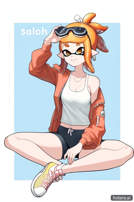 Image of ika_esu, splatoon_(series) , inkling_girl, tentacle_hair, bike_shorts, sneakers , sitting, from_above, looking_at_viewer , open_clothes, jacket, 2_girls