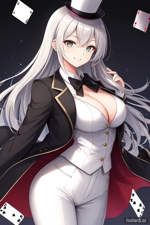 Image of a beautiful y magician girl, top hat, vest over shirt, large breasts, smiling, playing card, long hair, magician's suit coat, white shirt, black vest, (masterpiece, (excellent finely detailed, best quality), ultra-detailed), (stylish angle)+, perfect anatomy+, perfect female body, masterpiece, high quality++, ultra quality++