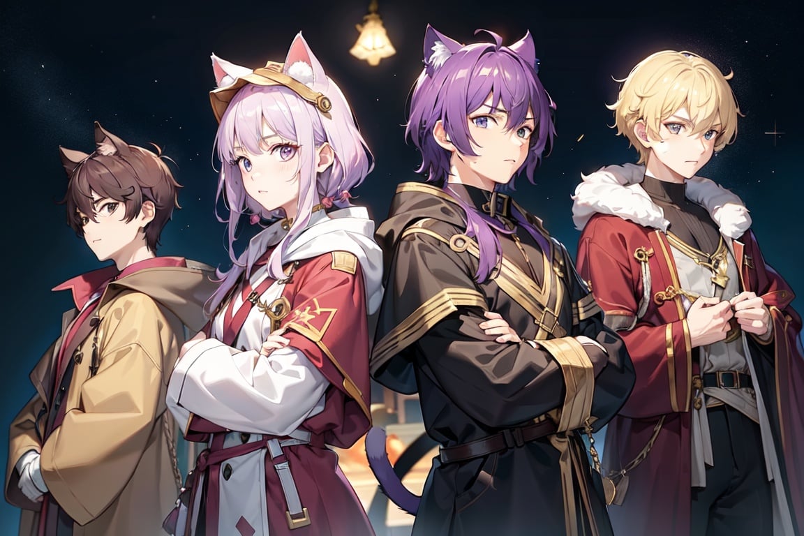 Image of 20 ages men,purple hair,cat ears hood,Brown robes,adventurer