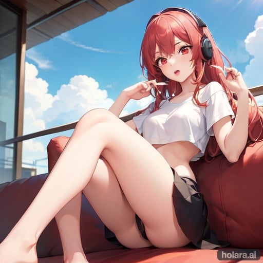 Image of girl,medium lenght hair,red eyes eyes,headset,open mouth,two legs,two hands,fourth finger,one thumb,high detailed of hands,high detailed of legs,anatomycally hands,perfect hands,anatomycally feet,perfect feet,up skirt,lace bra+,up legs+,on sofa,anime detailed,anime face,perfect body,cute face+,up white T-shirt+,cafe background,morning sky 