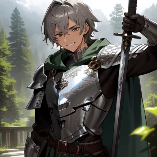 Image of 1Male, solo, masterpiece+, hyper detailed++, (detailed background)++, Silver Armor, Silver Greaves, short brown hair, perfect eyes, perfect face, hooded green cloak, tan skin, cocky grin+, belt+, old west, messy hair, clouds in background, , lush forest in background++, chromatic aberration, volumetric lighting++, sun rays+, perfect shadows+, close up, pose+++, greatsword scabbard on back+++