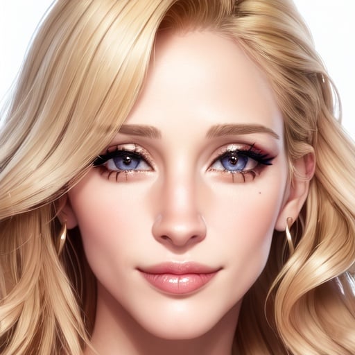 Image of Beautiful face+++, vivid makeup, curly blonde hair, flirty+++, ( lip bite)++, closeup, very detailed, side view, (smile like Julia roberts)