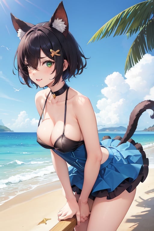 Image of 1girl, covered eye+, short hair, animal ears, downblouse++, perky boobs, eager, close up, big tail, fluffy tail, small boobs, , , aroused, horny, ,green eyes, eyebrows hidden by hair, smug, happy,hair over one eye, hair ornament, skirt, thick legs+, beach, blue sky, sunny, atanding straight, blue clothing