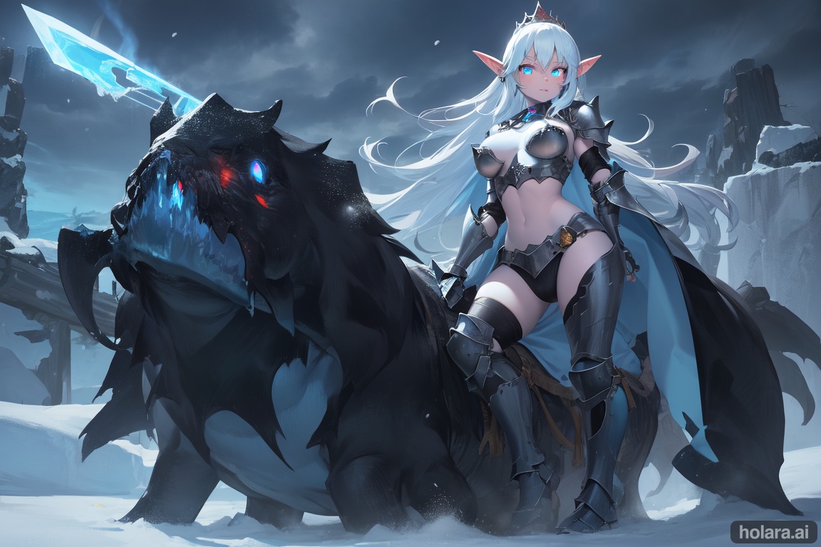 Image of masterpiece++, best quality++, ultra-detailed+, sexy++, ero+, anime style, full body focus+,large iceberg,winter,snowstorm, a little girl+, solo,petite,undead++,Metal bikini armor+++,ice magic sword in hand+, glowing blue eyes+++, light blue-skinned+++++,navel,long hair flowing,pointed ears++, large breast+++, Iron Crown,tattered cloak, iron waist,triumphant look, smug look, self-satisfied look, luminous effect, ice effect, dark clouds