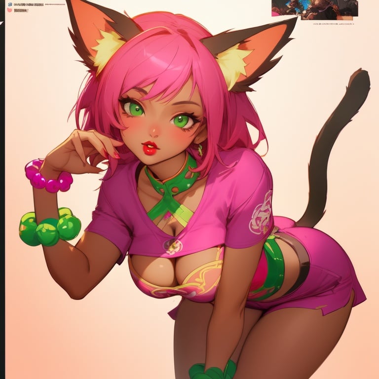 Image of +++masterpiece, best quality+++ cat ears , solo, beautiful, curvy  black woman,  brown skin, red lips, long  pink  hair, and green  eyes wearing a magenta t-shirt and magenta shorts, magenta bracelet, busty showing cleavage, with cat tail    8k resolution concept art photorealistic resolution concept art portrait by top .pixiv.net artists (waterman), Gurahamu-san, Gyrtbesr rara and mahalaga, cheshirrrrr, Jasmine Becket-Griffith, Fenghua Zhong cgsociety Artgerm hyperdetailed Unreal Engine 5 volumetric lighting, trending in artstation 