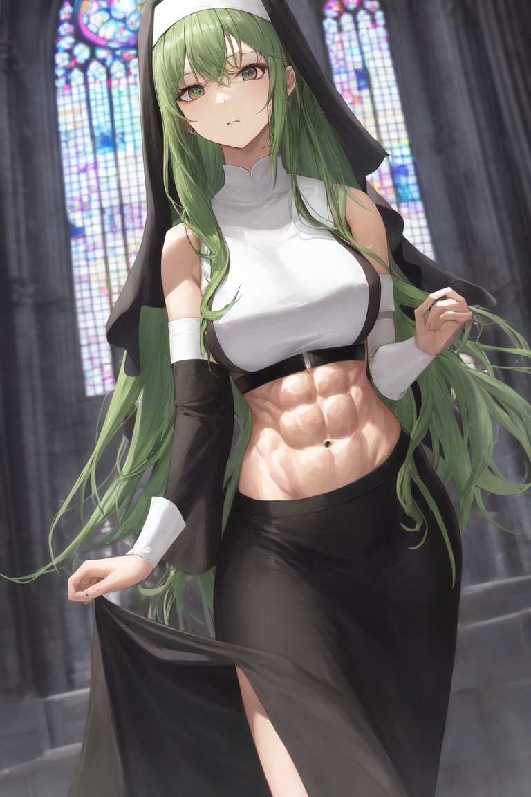 Image of nun, church sister, green hair, abs, skirt