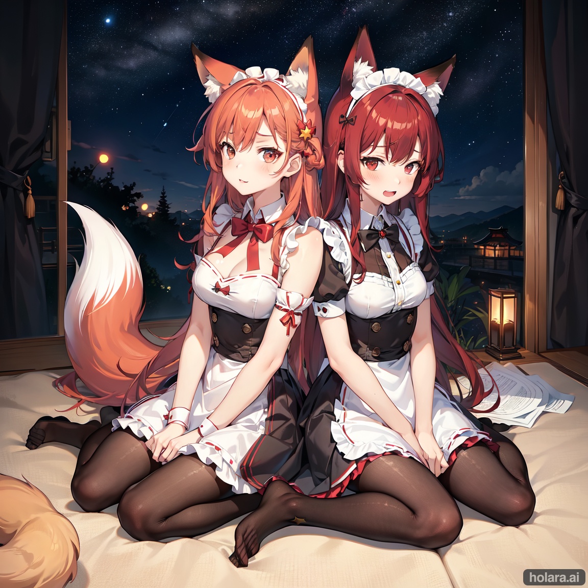 Image of 2girls, sitting, yokozuwari, red hair, brown eyes, scared, fox ears, maid dress, pantyhose, starry sky