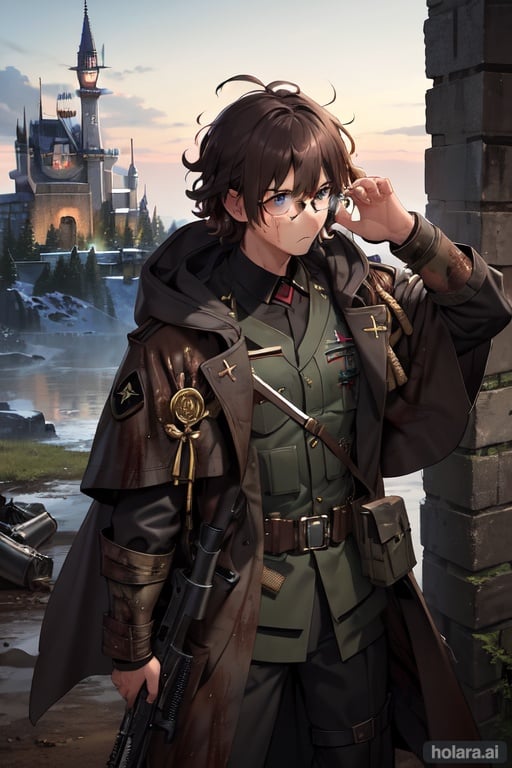 Image of 1male, wizard++, gles+, army+++, camo-, leather, belts, moody, frowning, grungy, Trenchcoat, belt pouch, hood down+, muddy++, dark, raining, aiming rifle++, messy hair, curly hair+++, brown hair, short hair,backpack, radio, Kevlar armor++, crouching, castle, night, moonlight, army truck