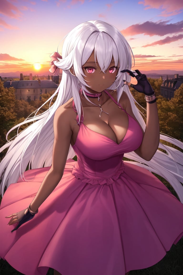 Image of absurdres, 1girl, dark-skinned female, long hair, white hair, brown eyes, large breasts, cleavage, sleeveless dress, pink dress++, strappy heels, fingerless gloves, outdoors, mansion, sunset++, facing viewer, happy, close-up