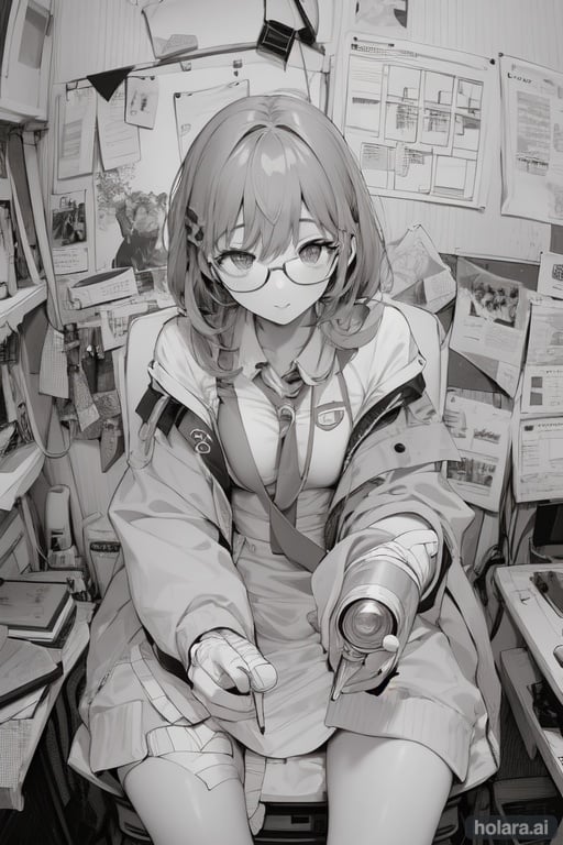 Image of 1girl, tan skin, monochrome, engineer gles, bandages, blowtorch