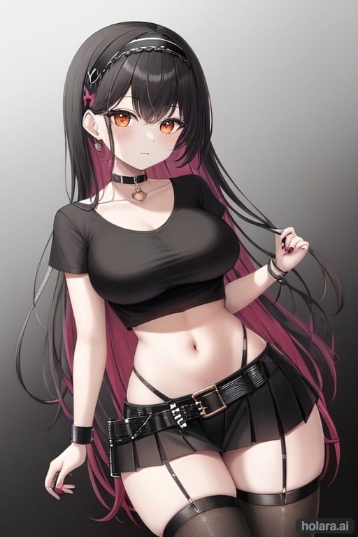 Image of 1girl, solo, standing up, facing viewer, chokers+, dark t shirt+, black pleated skirt, multicolored hair, black hair, orange eyes, happy, bangs++ hair ornament, belts+++, wristband, dark makeup, curvy, goth hair, thigh highs, headband, 