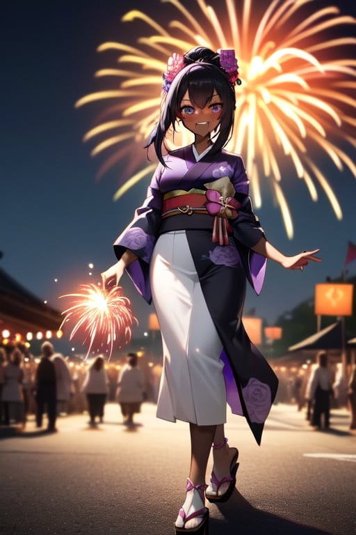 Image of masterpiece++, best quality+++, ultra-detailed++, extremely detailed+, summer festival, (fireworks) outdoor, (vivid)++, kawaii++ , cute, lovely+, (1girl),(solo), dark skin, (purple kimono)+, (black tie)+, (rose patterned)+,(kanzashi, hair accesery), (aqua eyes), (beautiful black hair)+, ,  (medium breast), (evil smile face), (walking),(eaten candy apple), (sandals), (floating fishes)