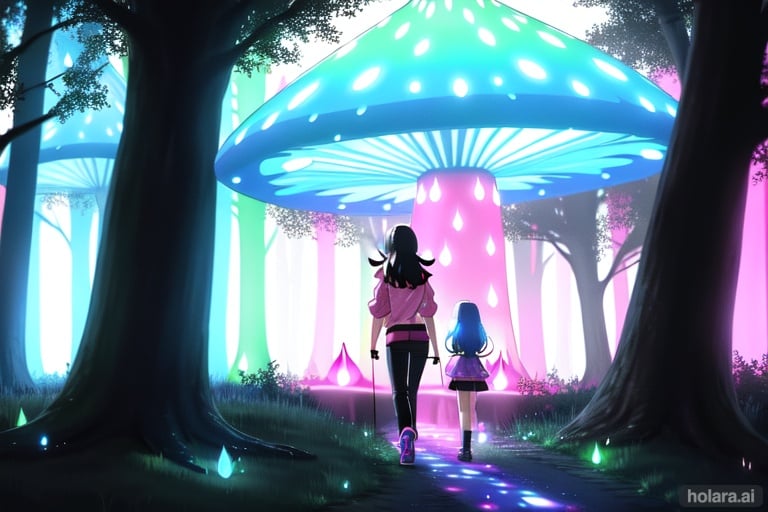 Image of magical forest, glowing neon mushrooms, fairy lights, old trees, shadows, blue light, 1girl, Pokémon trainer, black hair, pink jacket, black pants, Diancie, walking with Diancie, 