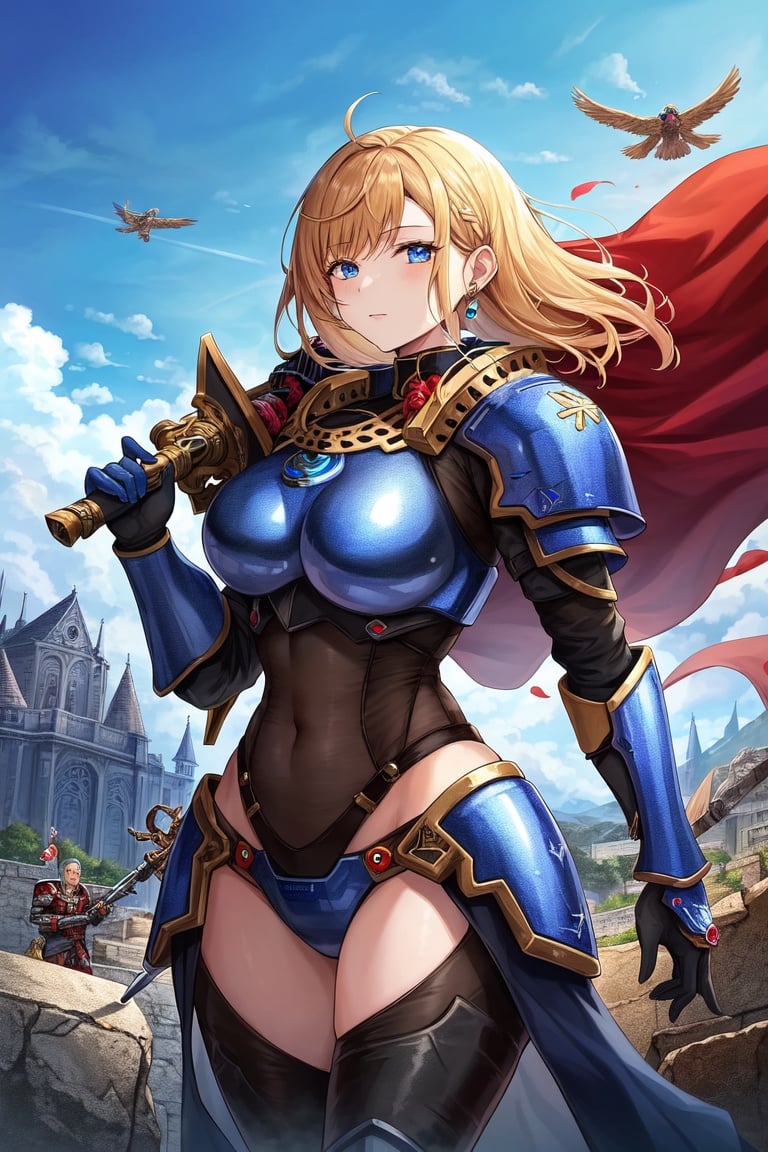 Image of 1girl, long hair, warhammer 40000, ultramarine armor, adeptus astartes, masterpiece, vivid colours, proper hands+, highres+, ultra-detailed, illustration++, scenic