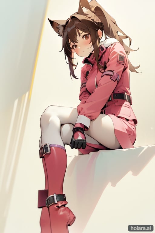 Image of 1girl, solo, (soft lighting)+, sitting, (crossed legs)+, dutch angle, ponytail, dog ears, suit-, boots, earrings, gloves, snowing