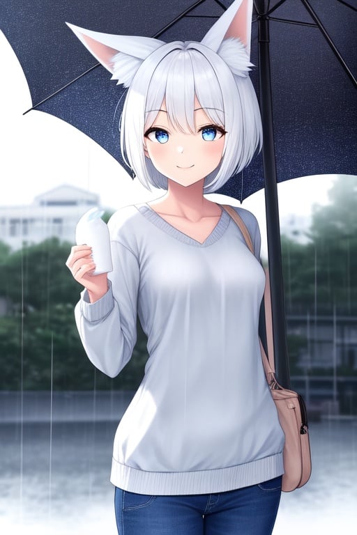 Image of 1girl, white hair, short hair, fox ears, light blue eyes, smile, blush, white sweater, blue pants, small breasts, outdoors, rainy day, 