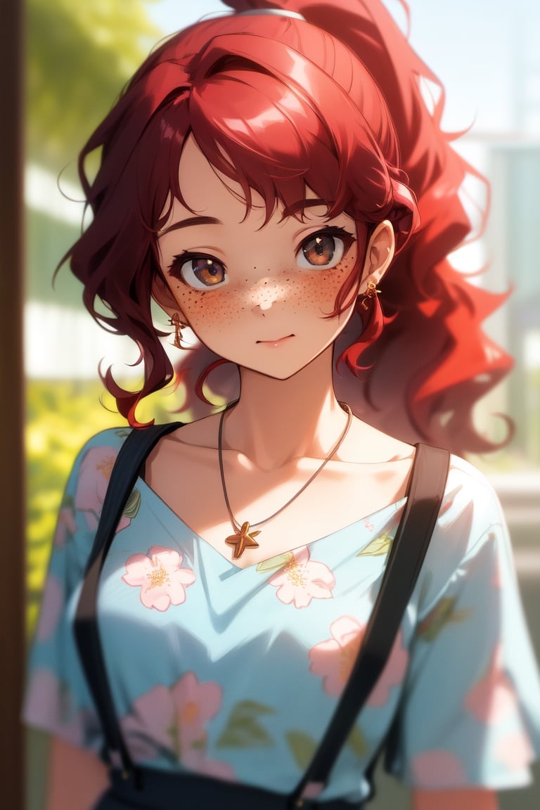 Image of (masterpiece, best quality), 1girl, collarbone, wavy hair, looking at viewer, blurry, upper body, necklace, suspenders, floral print, ponytail, freckles, red hair, sunlight,