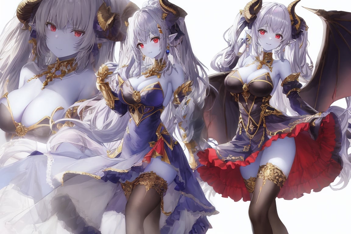 Image of (multiple views)++, turnaround+, 3girls, (colored skin)++, pointy ears, smile, hair ornament, fantasy+, horns, necklace, jewelry, frills, gold trim, ornate+, armored dress, thighhighs, red skin, dress, skirt