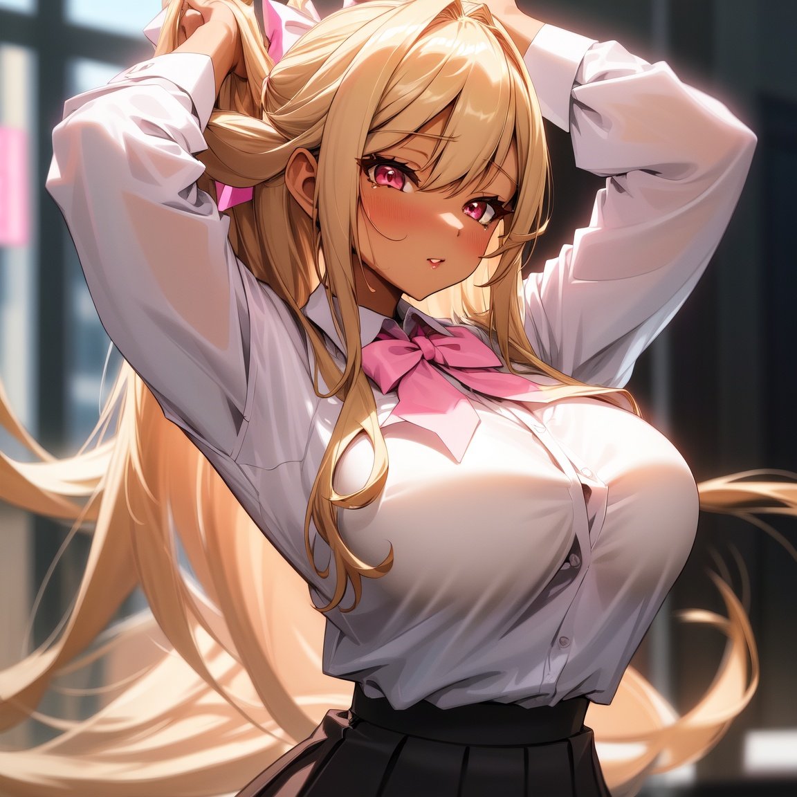 Image of ,soft art, silky hair, adult woman++, blonde hair, thin hair, shiny hair, Perfect pink eyes, High Detail Iris, white shirt+++, bow tie, erotic face, long hair, gyaru, big breasts++, large breasts+, cleavage+, close up, from side 8k, UHD, HDR, (Masterpiece:1. 5), (best quality:1. 5)+, thick thighs, detailed face, cityscape, best artist, tanned skin, ray tracing, intricate details, pleated skirt, arms up++