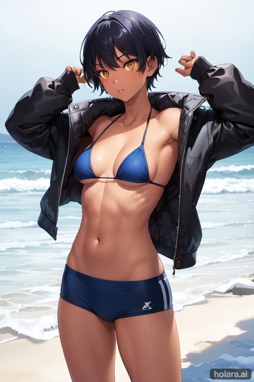 Image of 1girl, snowing, beach, cold, outdoors, bikini, very dark skin, tomboy, very short hair, snow, winter, frozen, ice, yellow eyes, red hair, buzz cut, shaved head, confident, muscular female, short hair, undercut, strong, flexing, biceps, 