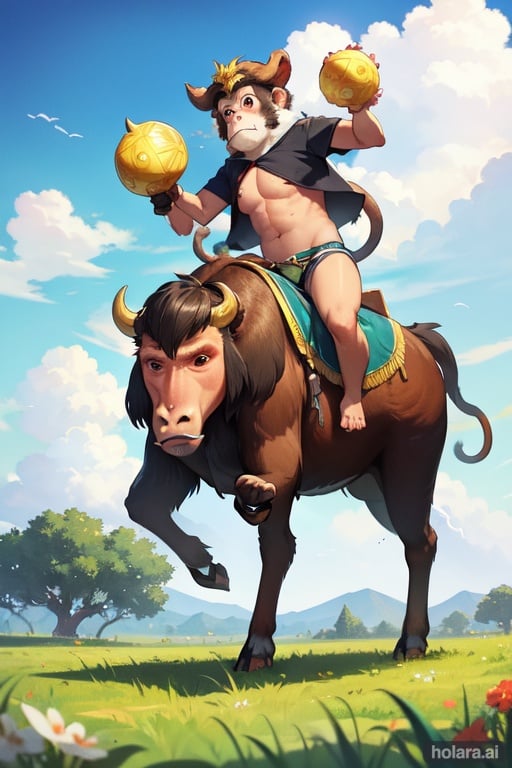Image of Monkey riding an ox, farm background, masterpiece, no humans