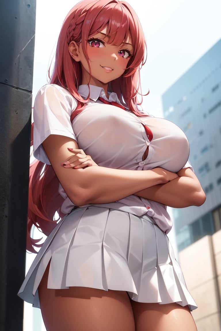 Image of ,soft art, silky hair, adult woman++, red hair, thin hair, shiny hair, Perfect pink eyes, High Detail Iris, white shirt+++, long hair, gyaru, big breasts++, large breasts+, 8k, UHD, HDR, (Masterpiece:1. 5), (best quality:1. 5)+, thick thighs, detailed face, cityscape, best artist, tanned skin, ray tracing, intricate details, pleated skirt, crossed arms++, moaning tight shirt, miniskirt, braided bangs, dark skin, blush, (from below)++, (looking at viewer)++, (evil smile)+, leaning over++