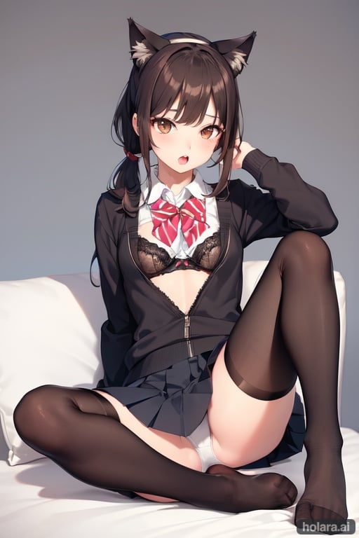 Image of Girl, solo, pony tail, medium length hair, dark brown hair, brown eyes, cat ears, cute+, petite body, perfect body, thigh high socks, on sofa, legs spread+, up skirt, lace bra+, school girl, school uniform, highly detailed, two legs, two arms, four fingers, 1 thumb, anatomically correct hands, perfect hands, anatomically correct feet, perfect feet, open mouth, anime eyes, anime face, cute anime face, small feet+, cute feet,feet up, underwear, thighhighs, simple background, bowtie, pleated skirt