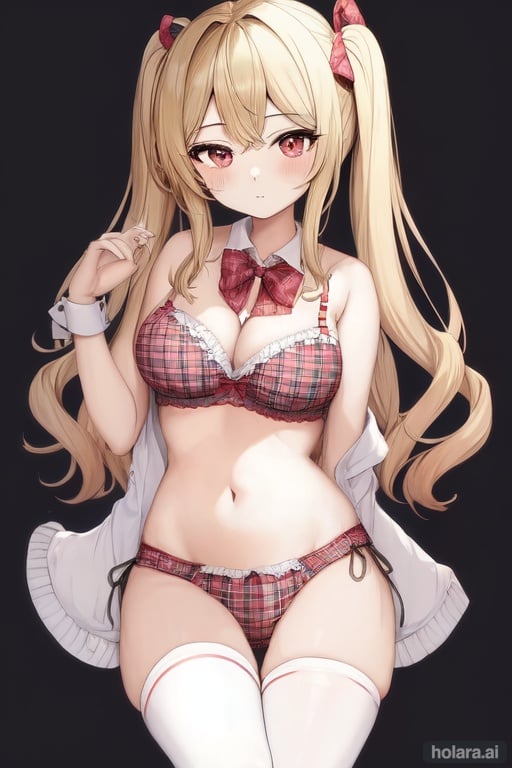 Image of kaede akamatsu, blonde pigtails, plaid lingerie, simple background