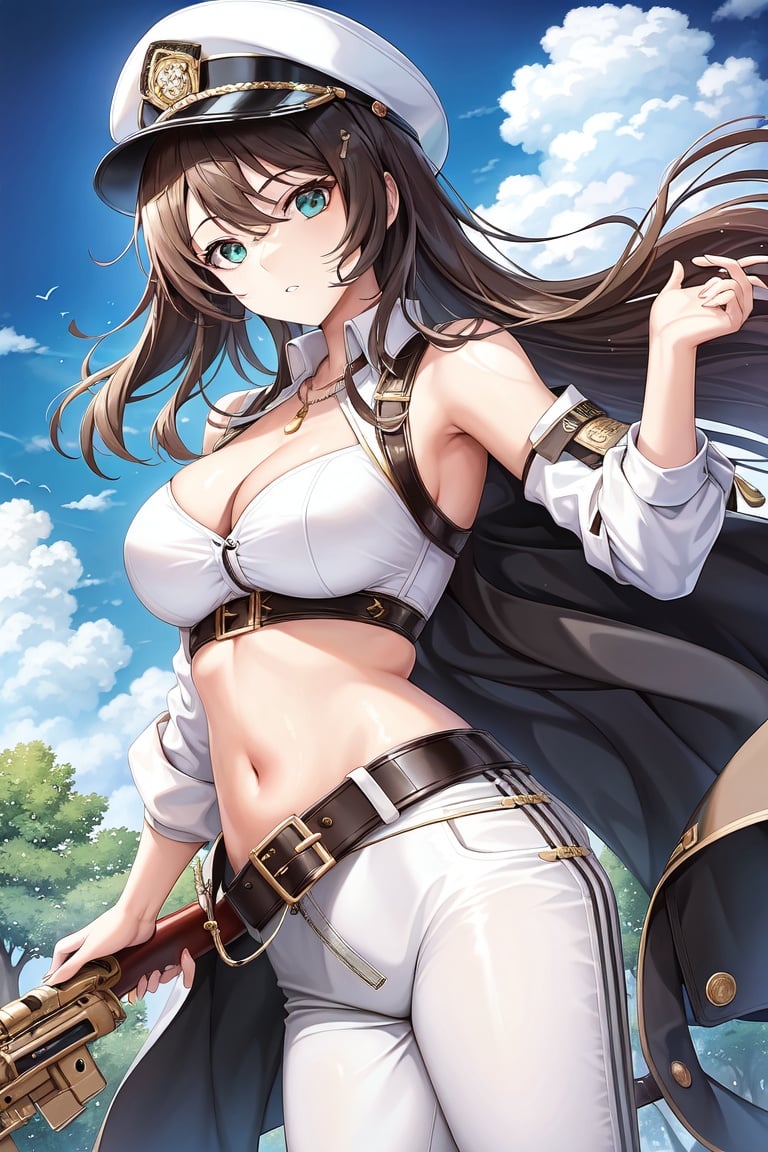 Image of 1 girl (white skin), medium hair, brown hair, hair ornament+, hair over shoulders, bangs-, angry, closed mouth, perfect light green eyes, young, breasts, fedora, (long sleeves white latex shirt)+, (latex jeans)+, brown boots, (detailed latex cloth)+, (dynamic pose)+, (looking at viewer)+, (aiming at viewer)+, (perfect anatomy)+, complete body, (perfect female body)+, highres, masterpiece++, (perfect hands)+, cityscape background, nature, ultra quality++, wallpaper+++, radiant+++, vivid++++, eyebrows visible through hair