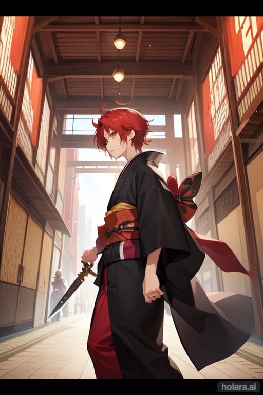 Image of Anime boy, alone, kimono, swordsman, dagger, knight, huge hair, red hair, black and white