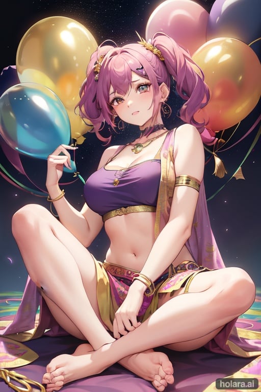 Image of Ashville, female, messy short purple pigtails, wearing a fancy indian-style purple top with gold patterns and a ankle length yellow skirt with pink patters and a green and gold wrap with white and red gloves, red dragon necklace and multi blue bead earrings, green moth wings, blue sky and floating balloons,  best quality, masterpiece