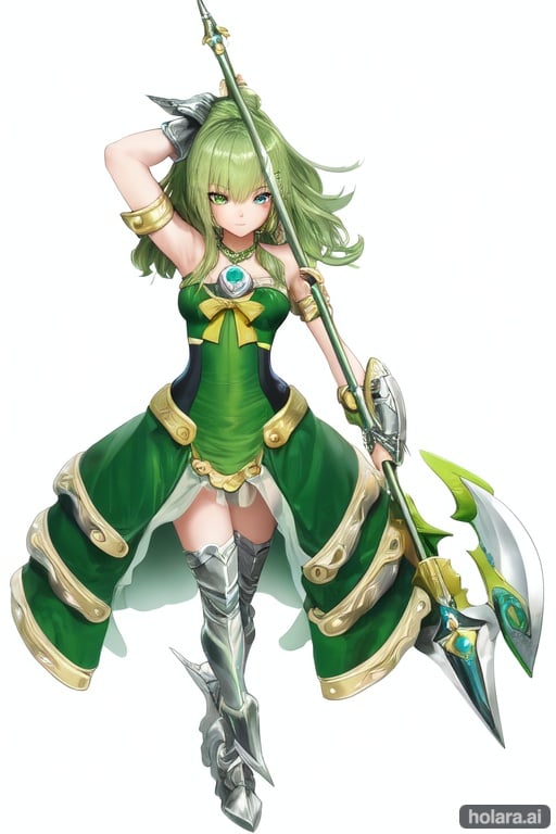 Image of (masterpiece), best quality, expressive eyes, perfect face, 1girl, fourteen years old girl, full body, holding a pike, green hair, neck length hair, un hair, green right eye, blue left eye, chromatic eyes, weapon, gauntlets, greaves, thigh highs armour, green dress with yellow ribbons, open front gown, green gown, choker with green gem,