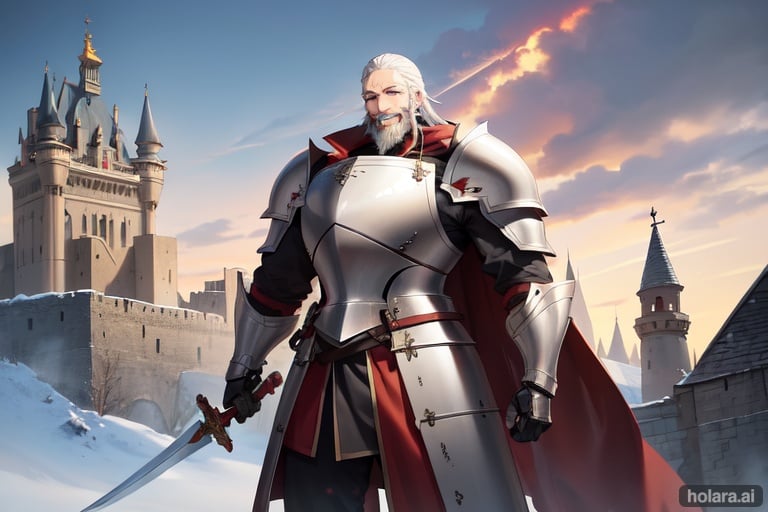 Image of 1 man, gray hair, red eyes, white beard, height, in heavy knight red armor with helmet, look at viewer, smile, with big sword, solo, middleage, castle background, silmple background, best quality, perfect lights