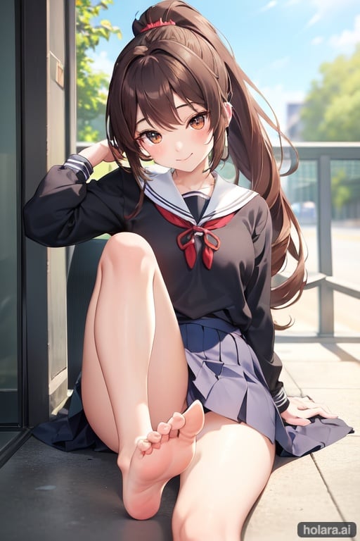 Image of Cute petite anime girl, showing the soles of her feet, smiling, white background, detailed, sitting on floor, brown hair, ponytail, both feet up, no hands, as detailed as possible, school uniform, feet straight out, soles up.