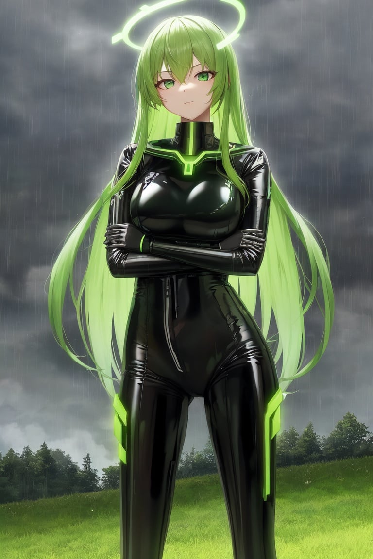 Image of cyber, woman, arms crossed, standing, rainy background, green gr, trees, futuristic city very halo far behind, latex, rubber, glossy, shiny, reflective,