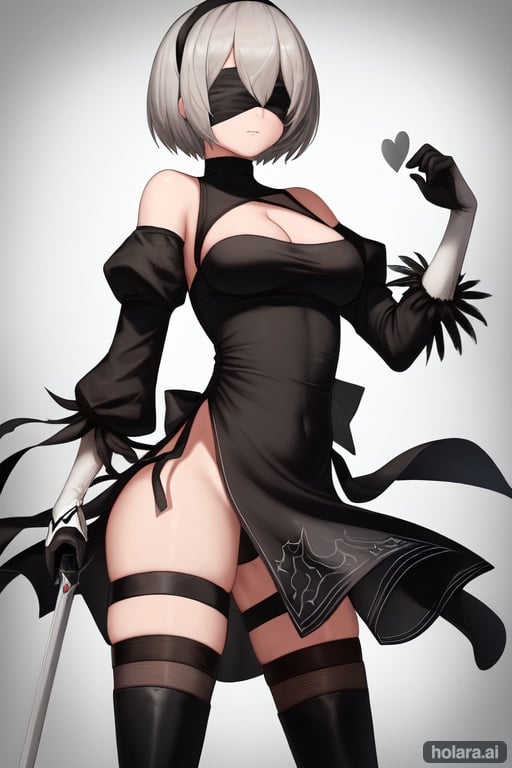 Image of /\/\/\ 1girl 2b absurdres alternate_costume armband arms_between_legs bare_shoulders black_legwear blindfold breasts collar grey_hair highres medium_breasts nier_(series) nier_automata pod_(nier_automata) short_hair sketch solo thigh-highs v_arms white_background worini yorha_no._2_type_b