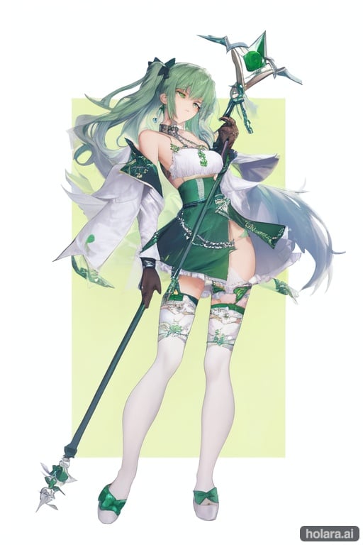 Image of (masterpiece), best quality, expressive eyes, perfect face, 1girl, fourteen years old girl, full body, green hair, neck length hair, metal iron neck collar with a chain, holding a staff with a green gem at the top, green-blue dress, white thighhighs, dark green ribbon bows, dark green waist sash with an emerald green gem 